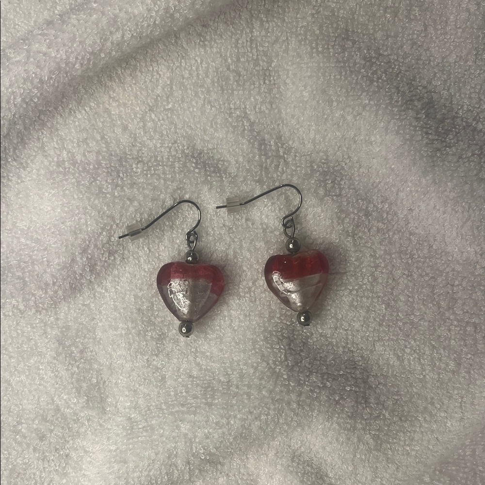 Heart-Shaped Red and Silver Earrings